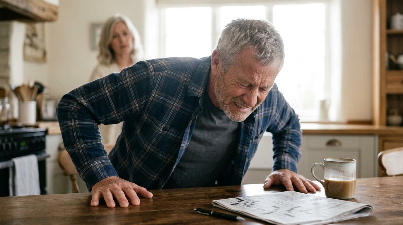 A man bent halfway up from his kitchen table, gripping it in pain