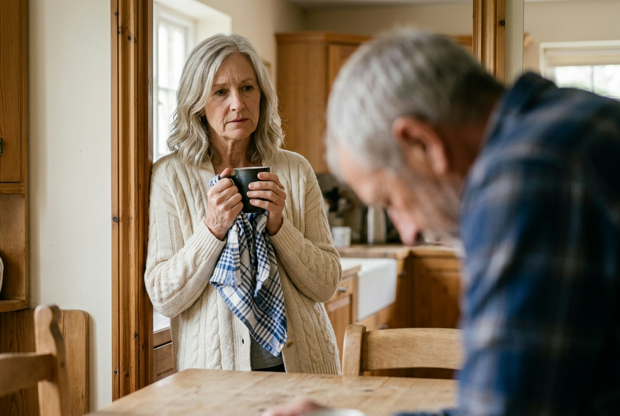 A woman in a kitchen doorway holding a towel and mug, watching with worry