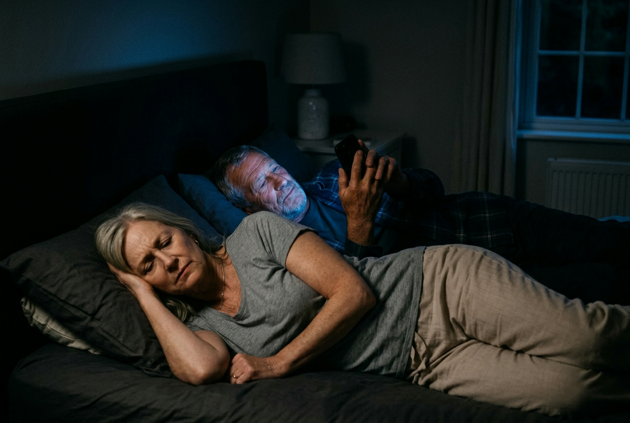 A man lit by his phone screen in a dark bedroom, his wife lying awake beside him