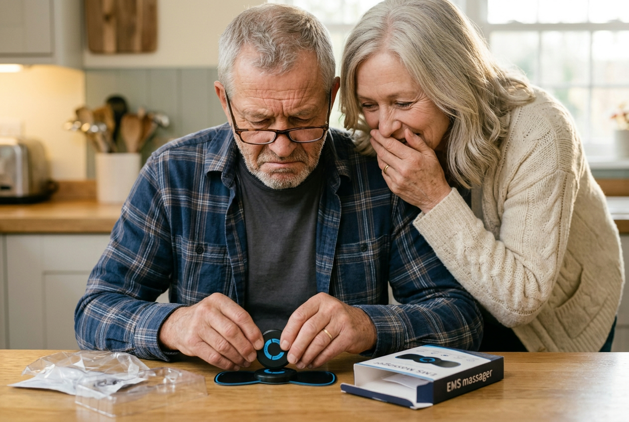 A man in reading glasses fitting the YUVY massager onto its pad while his wife watches, amused
