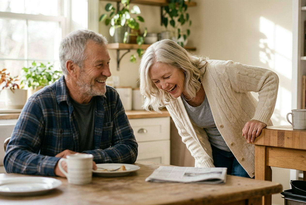 A woman laughing, holding on to the kitchen counter