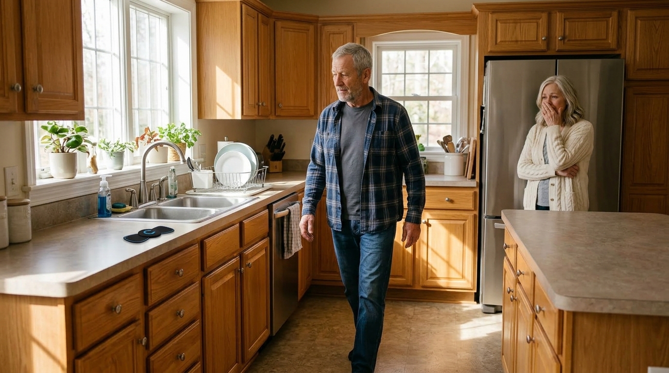 A man walking across a sunny kitchen while his wife watches with her hand over her mouth