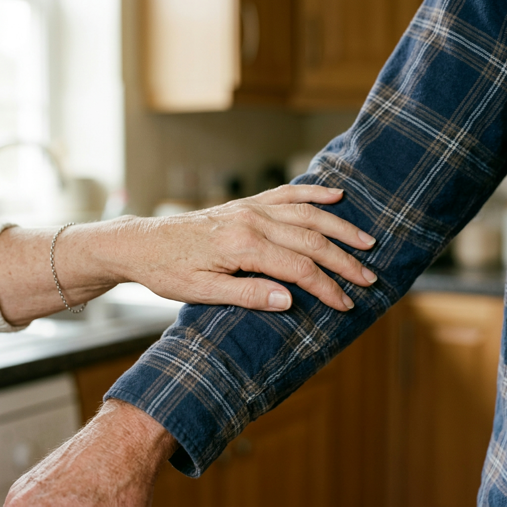 A woman's hand resting on a man's forearm
