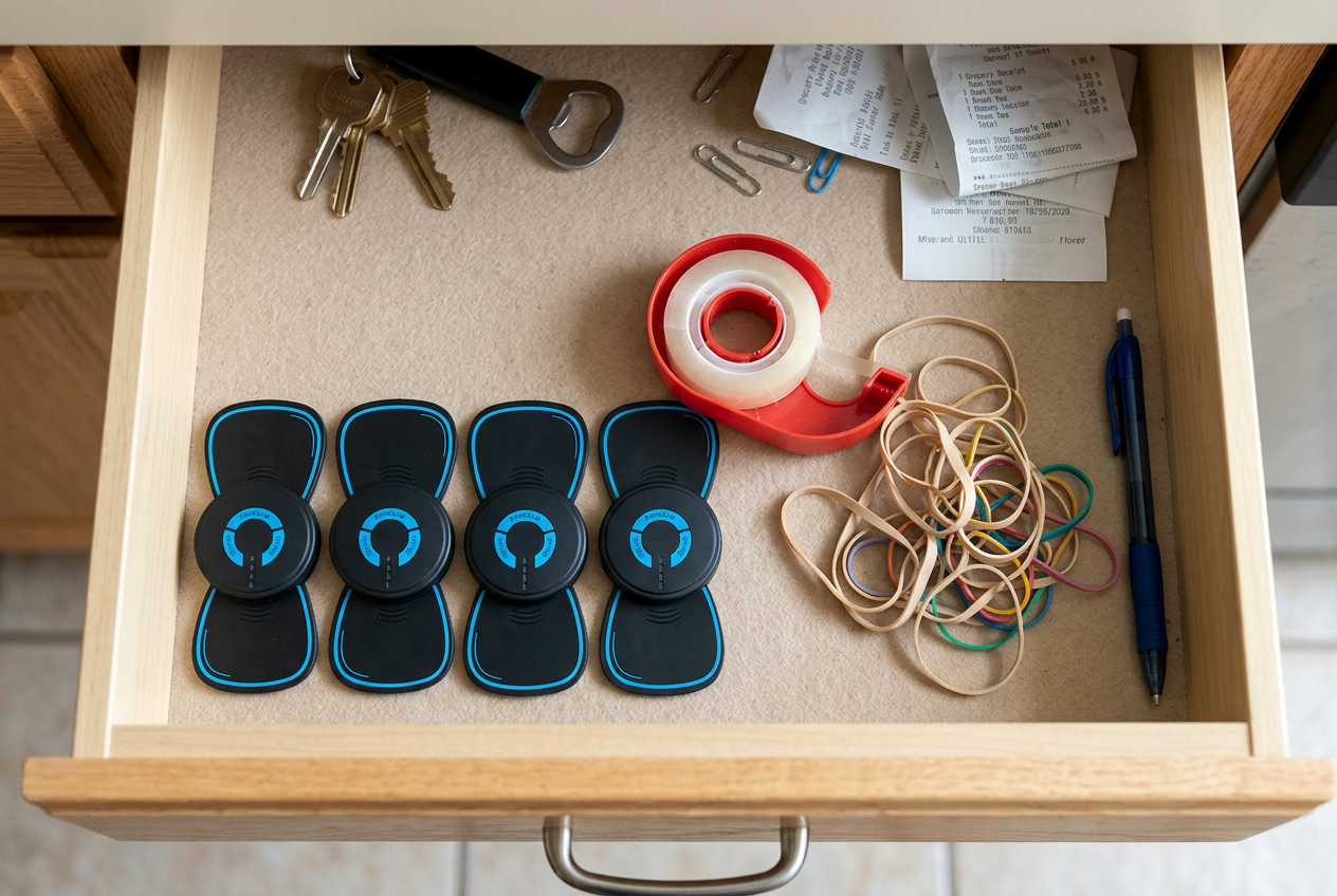 An open kitchen drawer with five YUVY massagers lined up