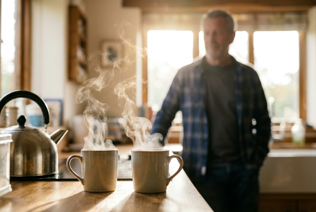Two steaming mugs beside a kettle on a kitchen counter